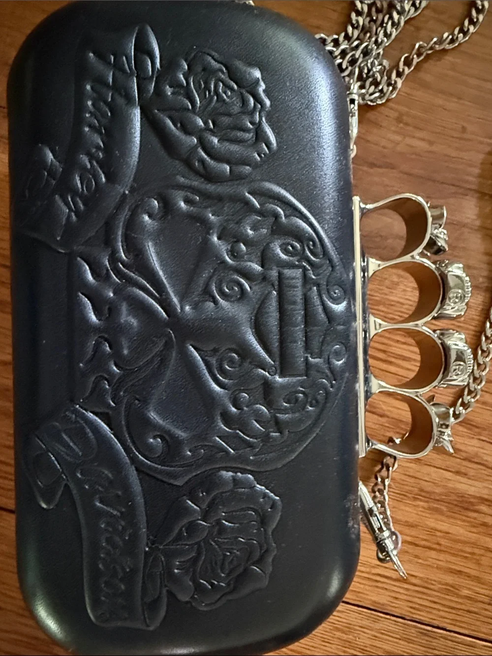 Harley Davidson Black Embossed Skull Knuckle Clutch with Chain